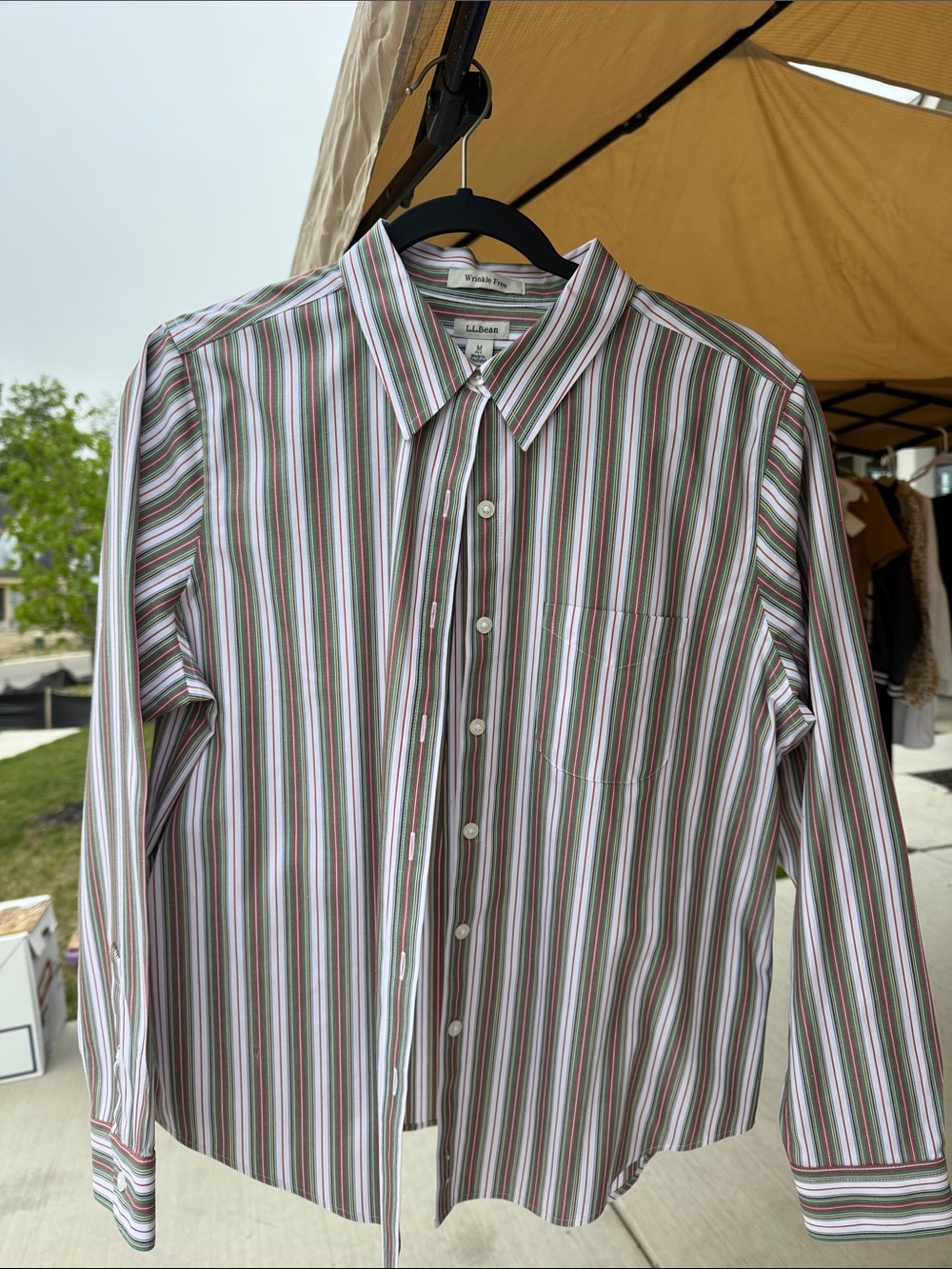L.L.Bean White Shirt with Green, Res & yellow Stripes Button-Down